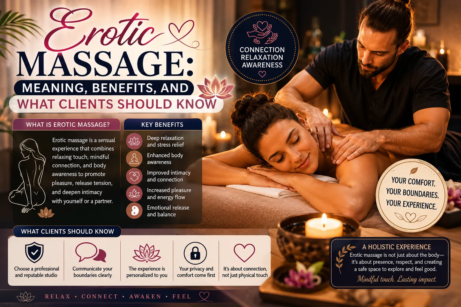 Erotic Massage Meaning, Benefits, and What Clients Should Know infographic featuring a relaxing wellness massage session, spa ambiance, candles, body awareness, relaxation, and client guidance.