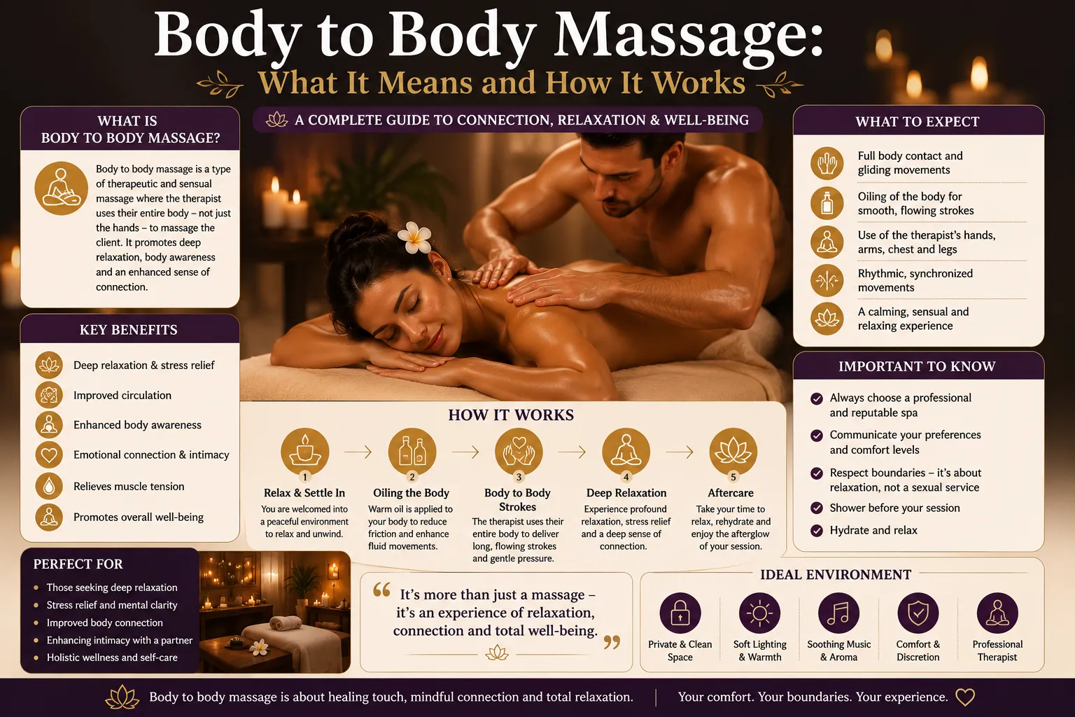 Body to Body Massage infographic explaining the massage process, relaxation techniques, wellness benefits, body awareness, and what clients can expect in a professional spa environment.