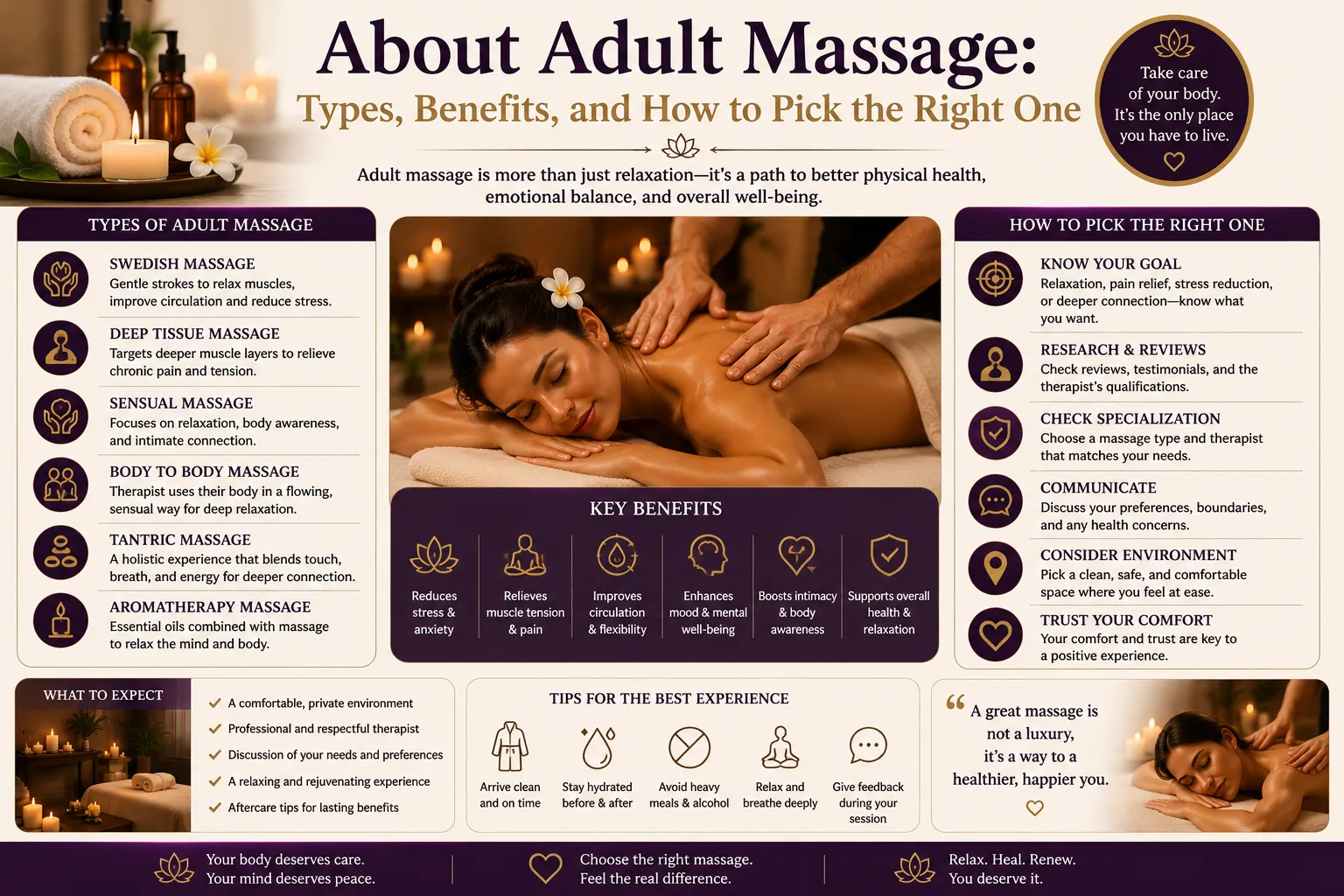 Adult massage infographic comparing different massage types, wellness benefits, relaxation techniques, and practical tips for choosing the right massage experience based on personal needs and wellbeing goals.