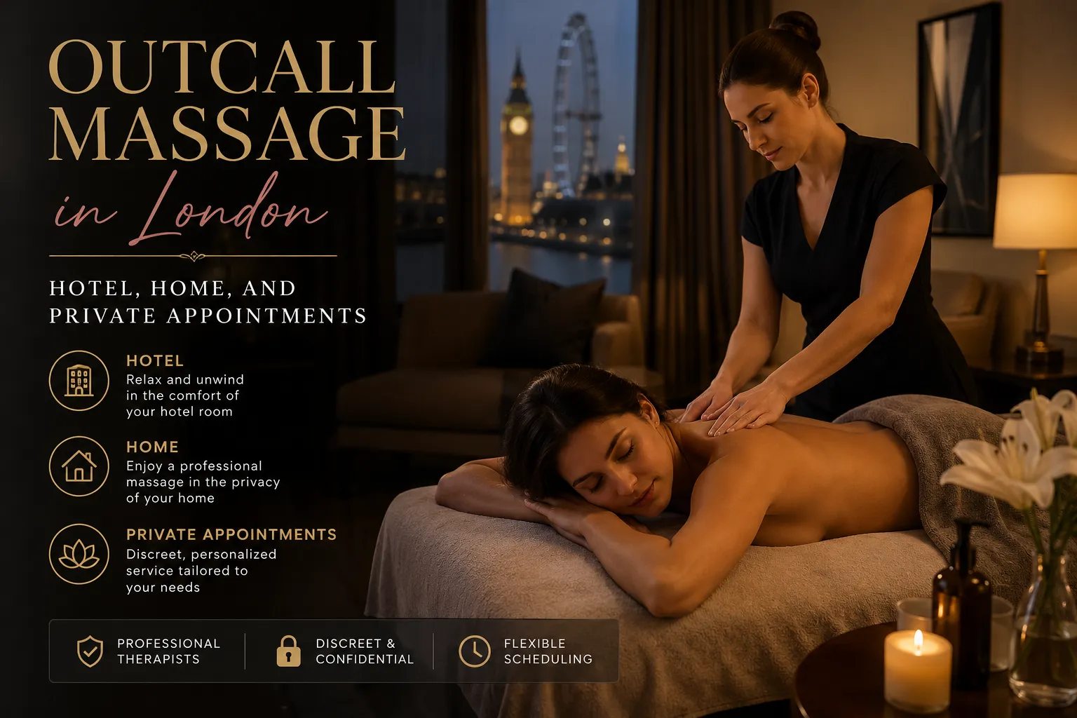 Practical details for outcall massage at London hotels and private homes — room preparation, coverage areas, therapist arrival, and what to arrange before your appointment.